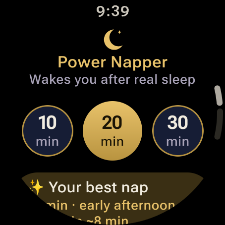 Power Napper home screen with round 10, 20 and 30 minute buttons, 20 highlighted in gold