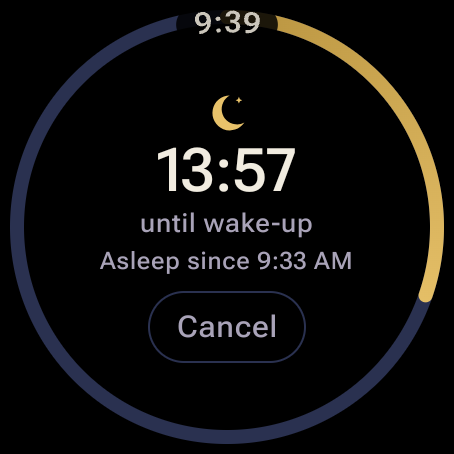 Power Napper on a watch: a gold progress ring around a 13:57 countdown “until wake-up”, asleep since 8:54 AM